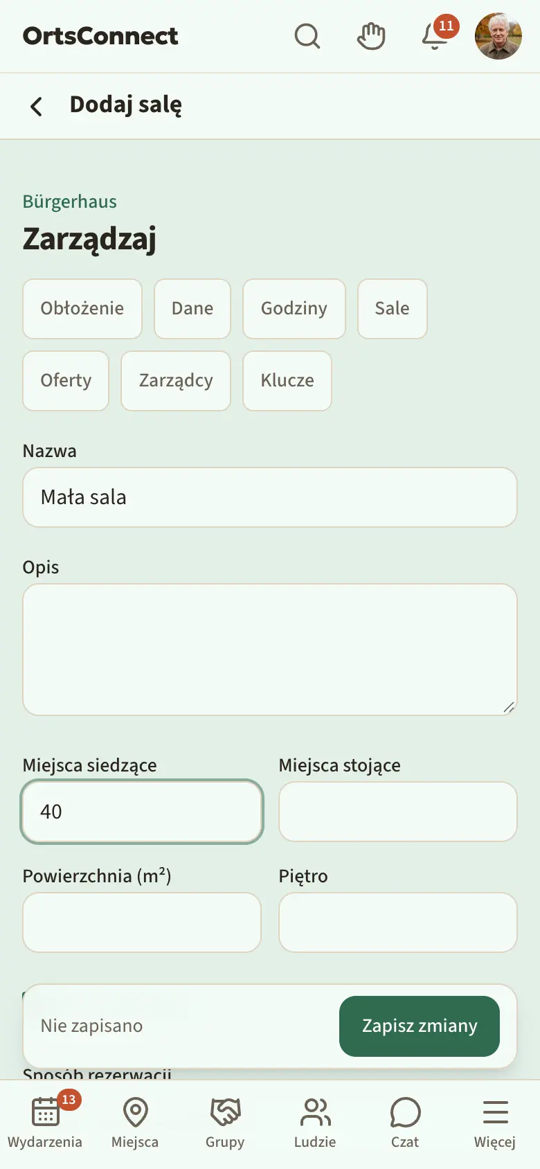 Zarządzanie › Sale › Dodaj salę, wypełnione nazwą, miejscami siedzącymi, powierzchnią, zaznaczonym „Do rezerwacji”, „Sposób rezerwacji: jak w miejscu spotkań” i ceną za godzinę
