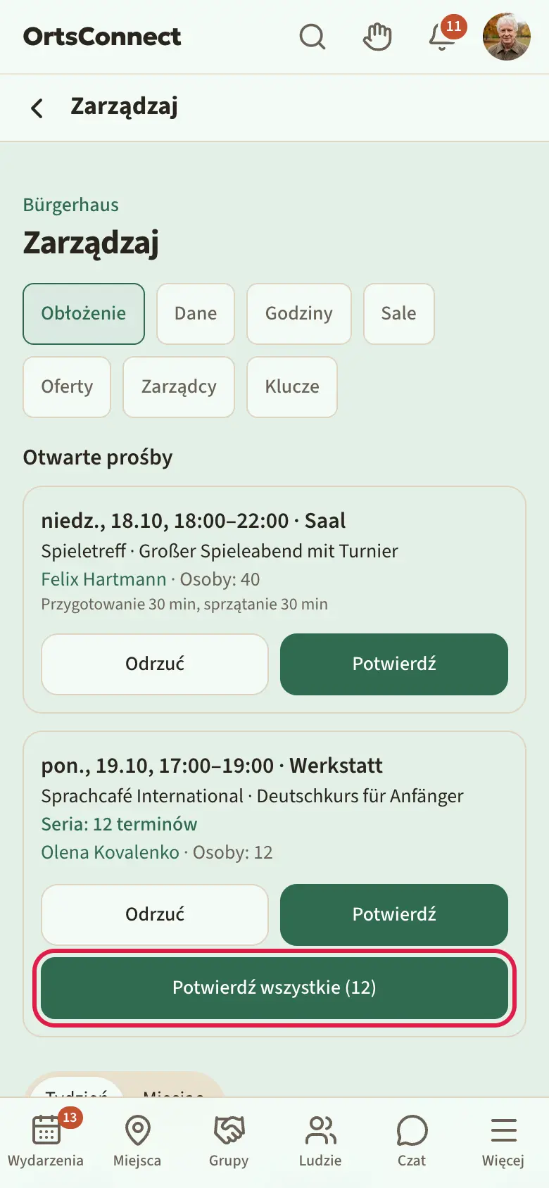 Zarządzanie › Obłożenie, prośba z informacją „Seria: 12 terminów” i zaznaczonym szerokim przyciskiem „Potwierdź wszystkie (12)”