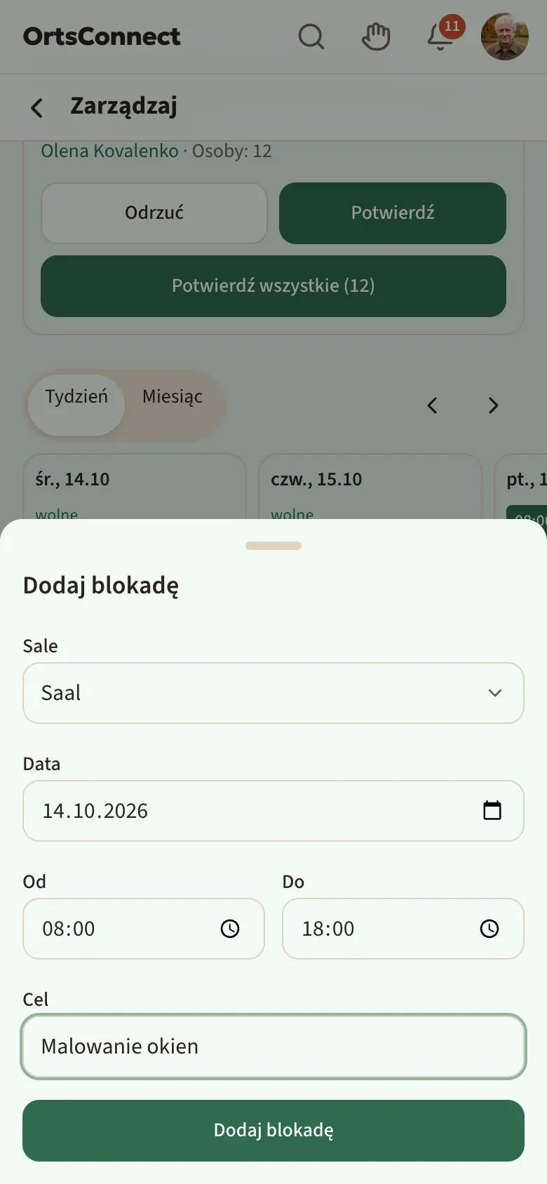 otwarte okno „Dodaj blokadę” z wypełnionymi polami sala, data, od, do i cel