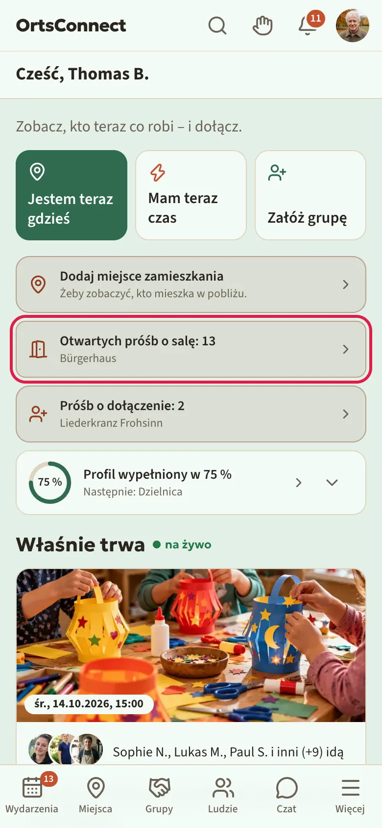 Sekcja „Start” z kafelkiem „Otwartych próśb o salę: 2” i nazwą miejsca spotkań pod spodem, zaznaczony kafelek