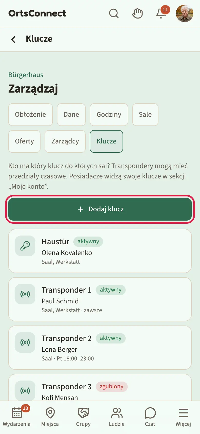 Zarządzanie › Klucze: aktywna zakładka „Klucze”, lista z transponderami i jednym kluczem (posiadacz, sale, „zawsze” albo przedziały czasowe, status „aktywny” i „zgubiony”, jeden „niewydany”), zaznaczony przycisk „Dodaj klucz”