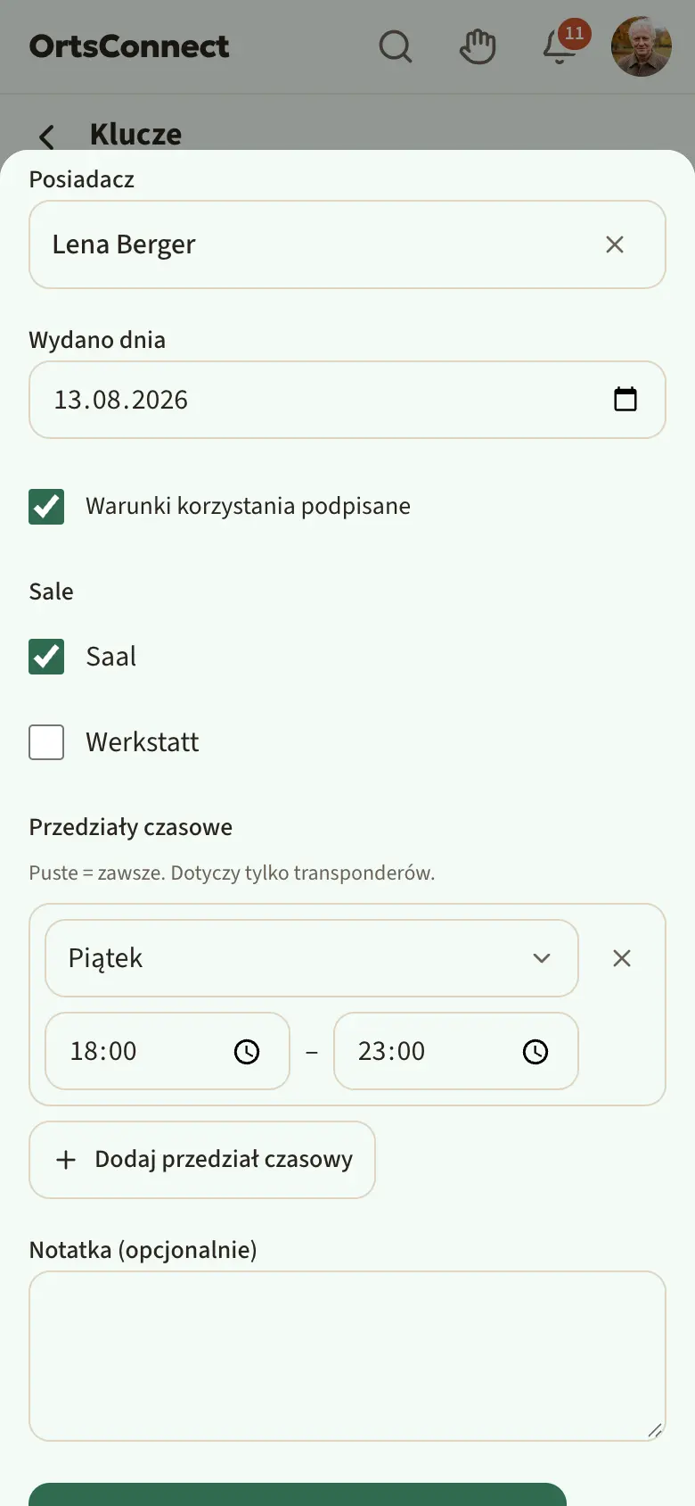 Okno „Edytuj klucz” dla „Transponder 2”, przewinięte do sal: posiadaczka, data wydania, sale (zaznaczona sala) i przedział czasowy piątek 18:00–23:00