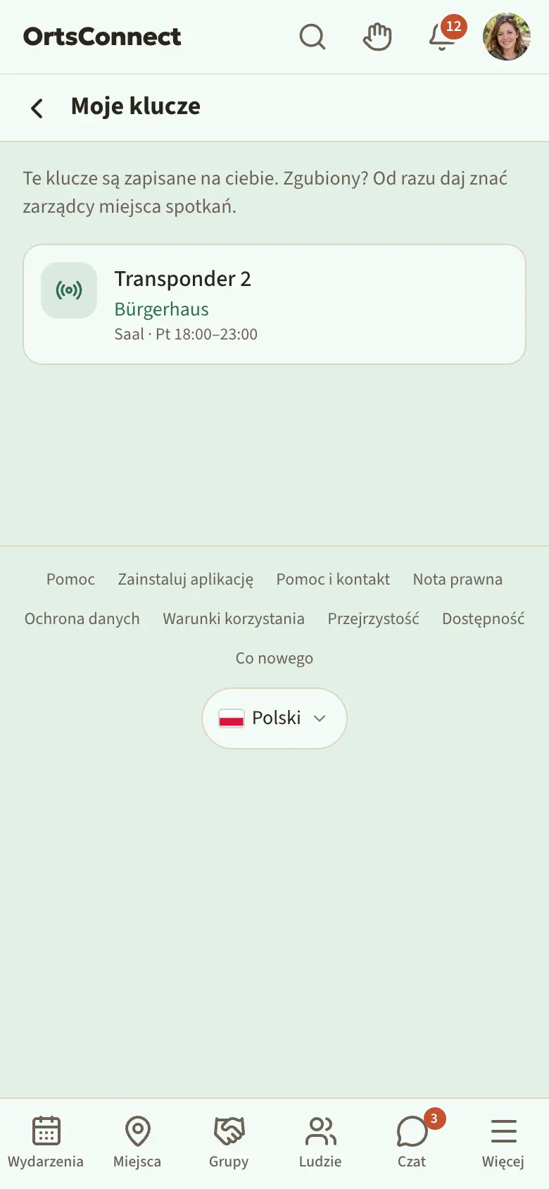 Strona „Moje klucze” (menu awatara): „Transponder 2” w domu kultury, sala, pt 18:00–23:00