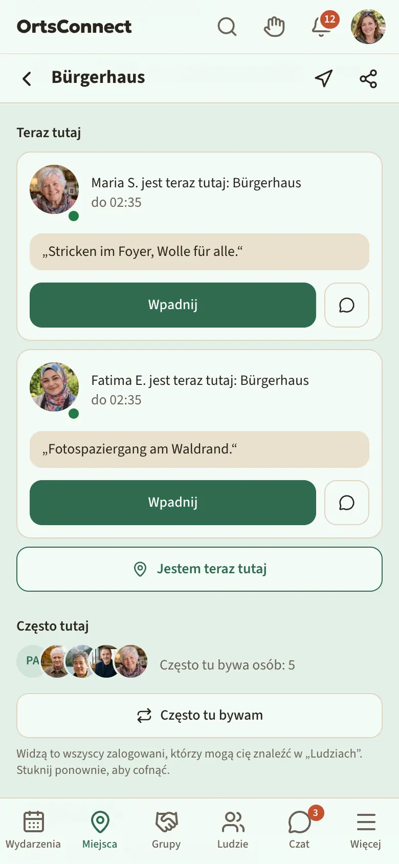 Strona miejsca spotkań widziana przez zalogowaną osobę, sekcje „Teraz tutaj” z dwiema zameldowanymi osobami (zdanie i „do …”, przycisk „Wpadnij”) oraz „Często tutaj” z „Często tu bywa osób: 5”, awatarami i przyciskiem „Często tu bywam”