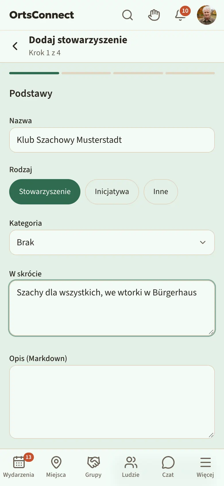 Kreator „Dodaj stowarzyszenie”, krok 1 „Podstawy”, wybrany rodzaj „Stowarzyszenie”, wypełnione pola nazwa, kategoria i w skrócie