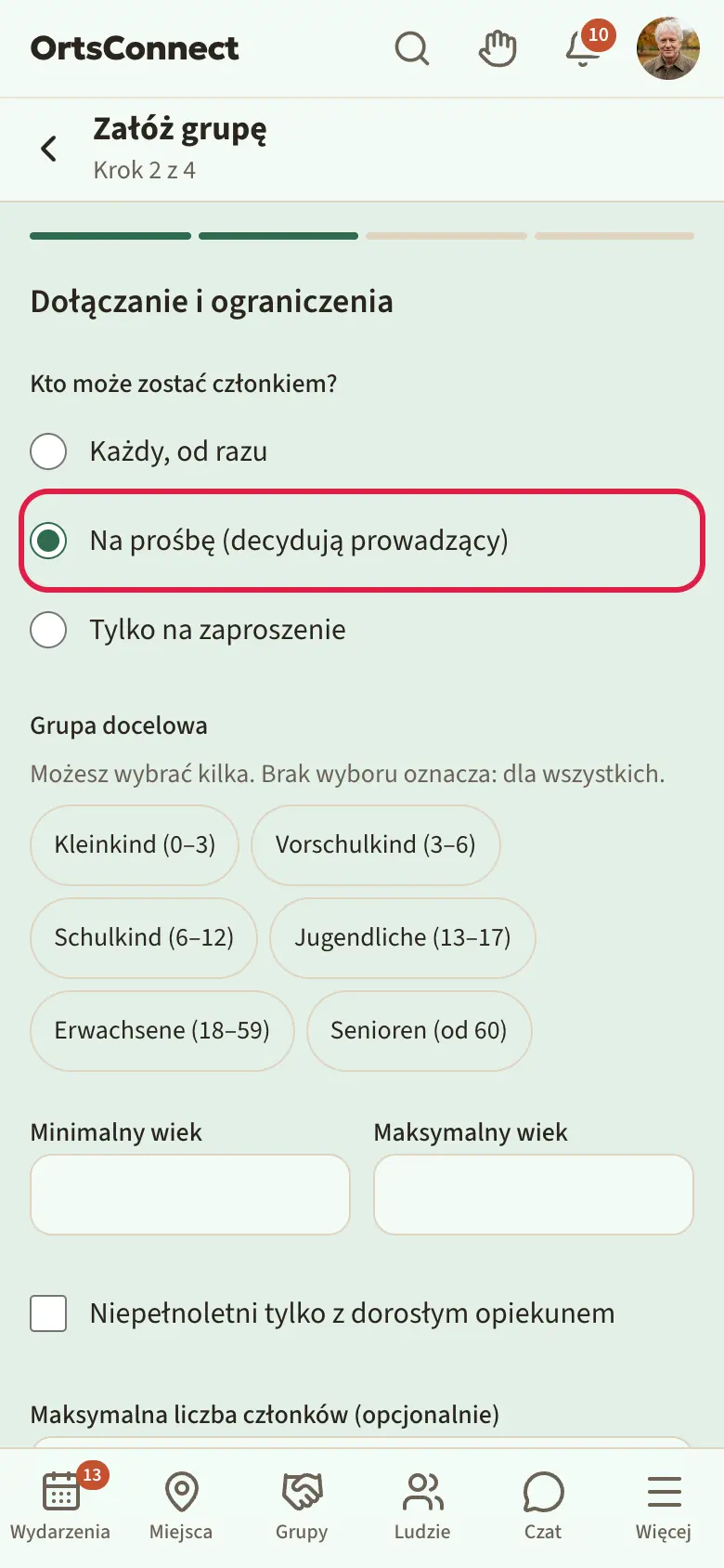Kreator, krok 2 „Dołączanie i ograniczenia” z trzema opcjami w „Kto może zostać członkiem?”, zaznaczone „Na prośbę (decydują prowadzący)”