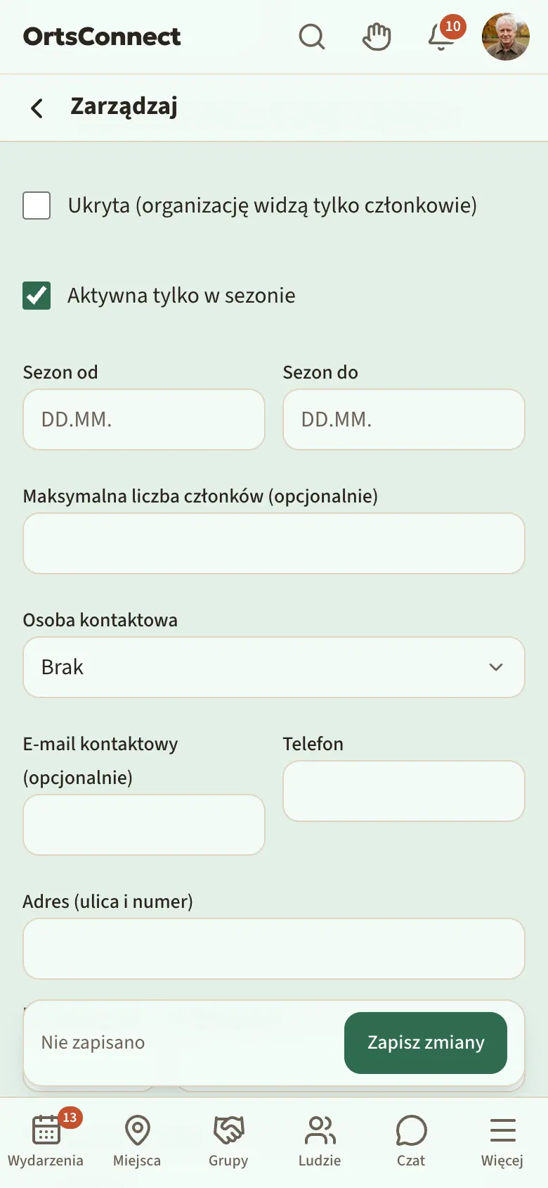 Ustawienia z zaznaczonym polem „Aktywna tylko w sezonie” i wypełnionymi polami „Sezon od” i „Sezon do”