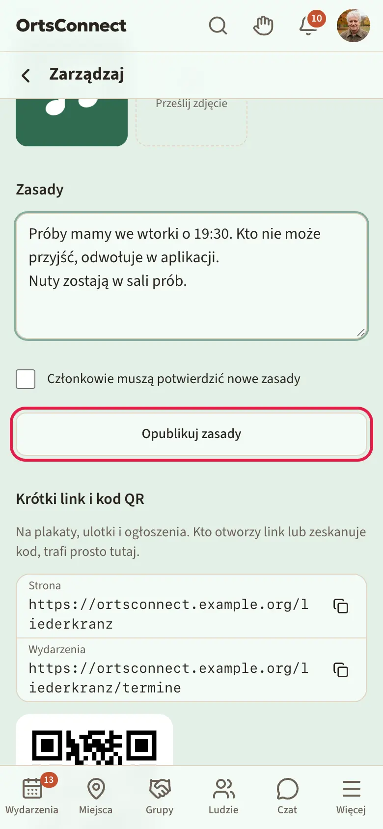 Ustawienia, sekcja „Zasady” z numerem wersji, polem tekstowym, polem „Członkowie muszą potwierdzić nowe zasady” i przyciskiem „Opublikuj zasady”