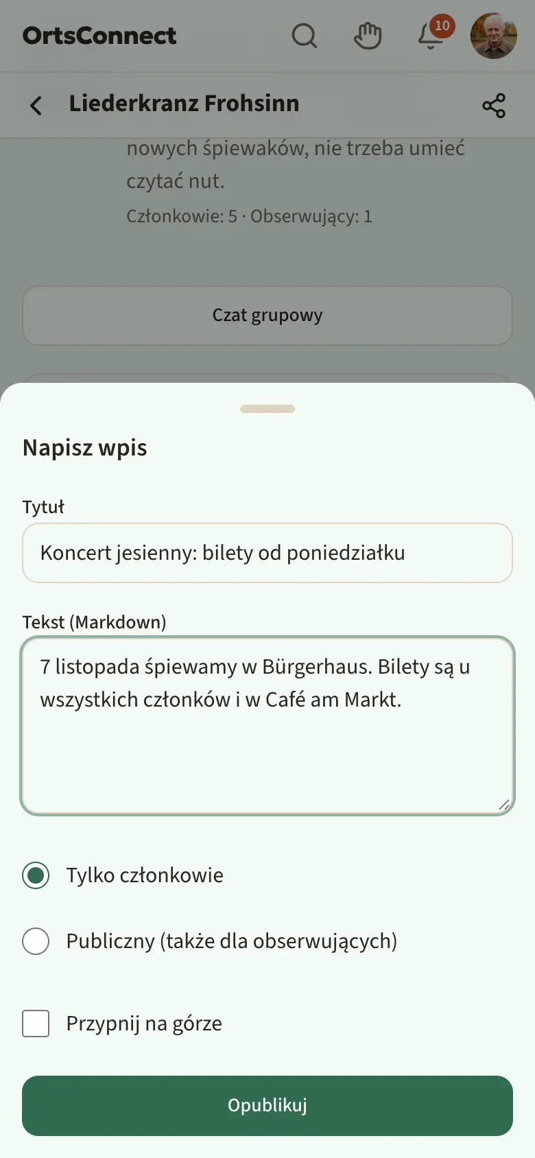 otwarte okno „Napisz wpis” z tytułem, tekstem, wyborem „Tylko członkowie” / „Publiczny (także dla obserwujących)”, polem „Przypnij na górze” i przyciskiem „Opublikuj”