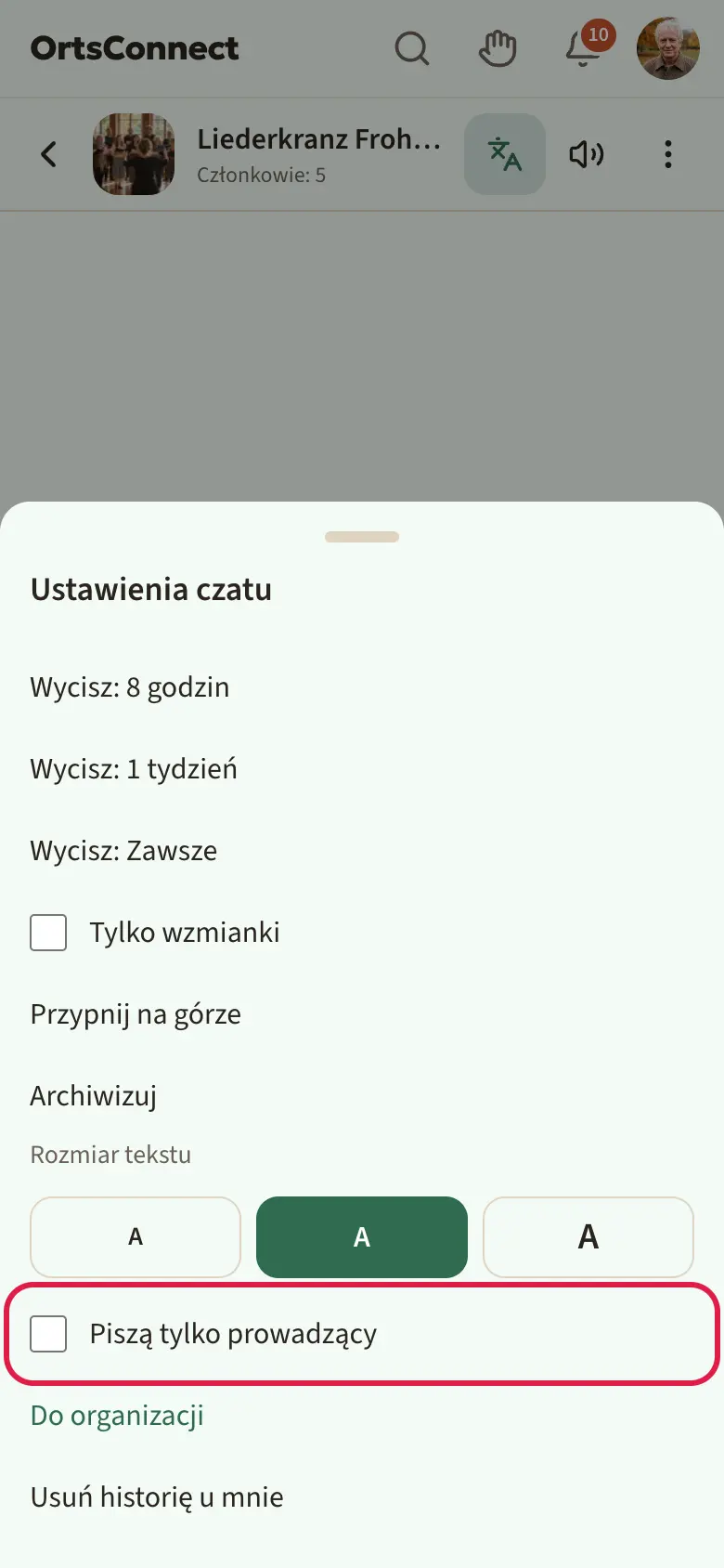 Czat grupowy z otwartymi „Ustawienia czatu”, zaznaczone pole „Piszą tylko prowadzący”