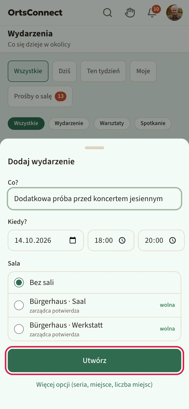 Lista wydarzeń z otwartym oknem „Dodaj wydarzenie”: pola „Co?”, „Kiedy?”, lista sal ze stanami; zaznaczony przycisk „Utwórz”
