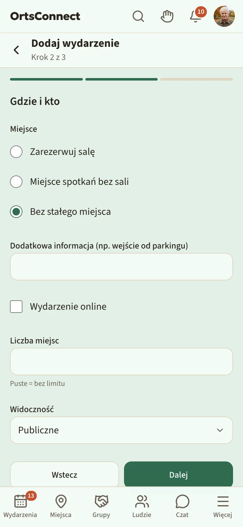 Kreator „Dodaj wydarzenie”, krok 2 „Gdzie i kto” z wyborem „Zarezerwuj salę” / „Miejsce spotkań bez sali” / „Bez stałego miejsca”, liczbą miejsc i widocznością
