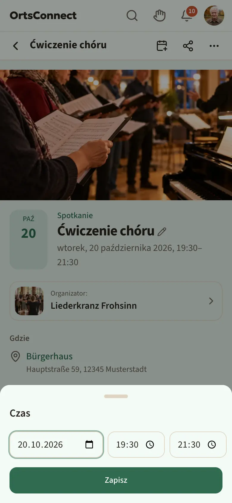 Strona wydarzenia widziana przez prowadzącego z symbolem ołówka przy tytule; otwarte okno „Czas” z datą, od, do i wyborem „Tylko ten termin” / „Ten i wszystkie następne”