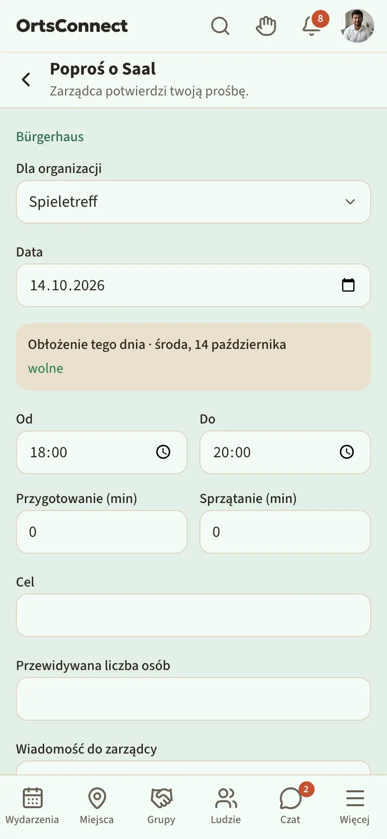 Strona „Poproś o …” z organizacją, datą, obłożeniem tego dnia, od/do, przygotowaniem/sprzątaniem, celem i przyciskiem „Wyślij prośbę”