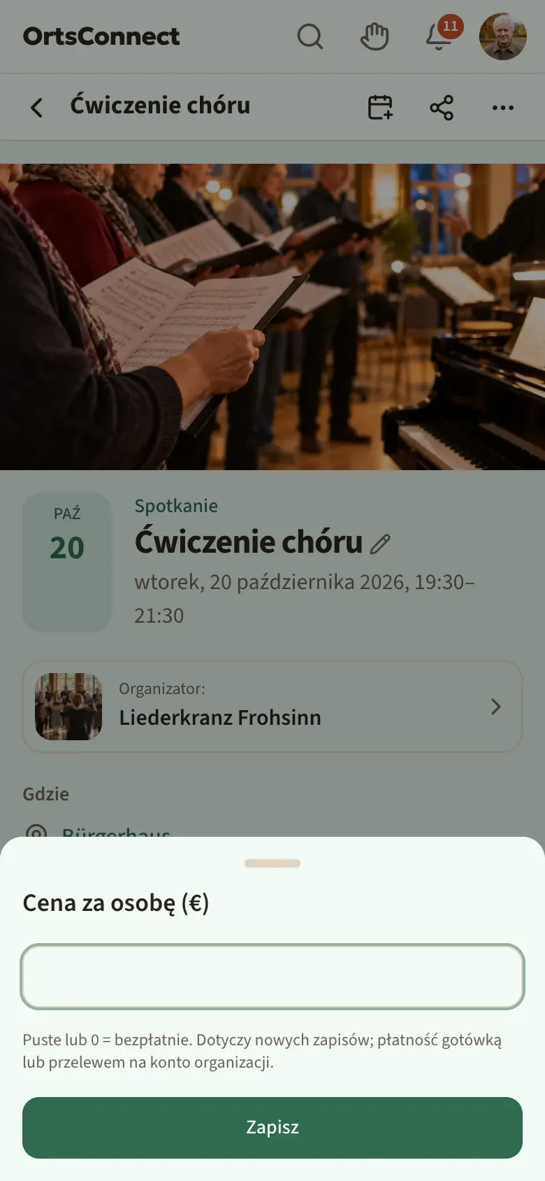 Strona wydarzenia widziana przez prowadzącego z otwartym oknem „Cena za osobę (€)” i tekstem wskazówki pod spodem