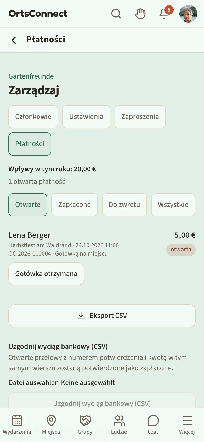 Zarządzaj › Płatności z rocznymi wpływami na górze, aktywnym filtrem „Otwarte” i płatnością z przyciskami „Gotówka otrzymana” i „Przelew otrzymany”