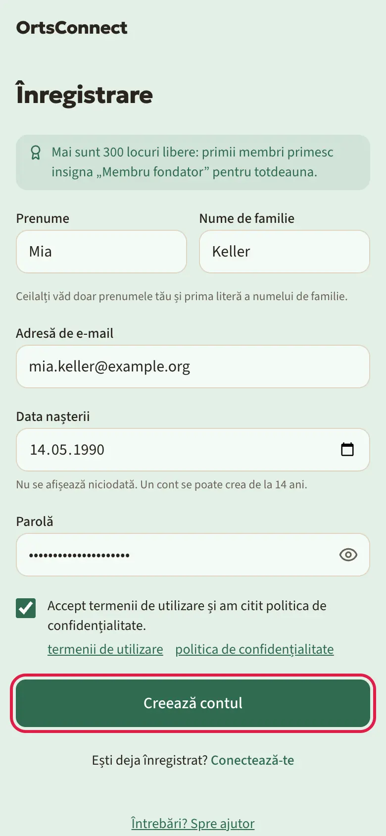Pagina „Înregistrare” pe telefon, completată cu nume de exemplu (prenume, nume de familie, e-mail, data nașterii, parolă), bifa la termenii de utilizare pusă, butonul „Creează contul” marcat