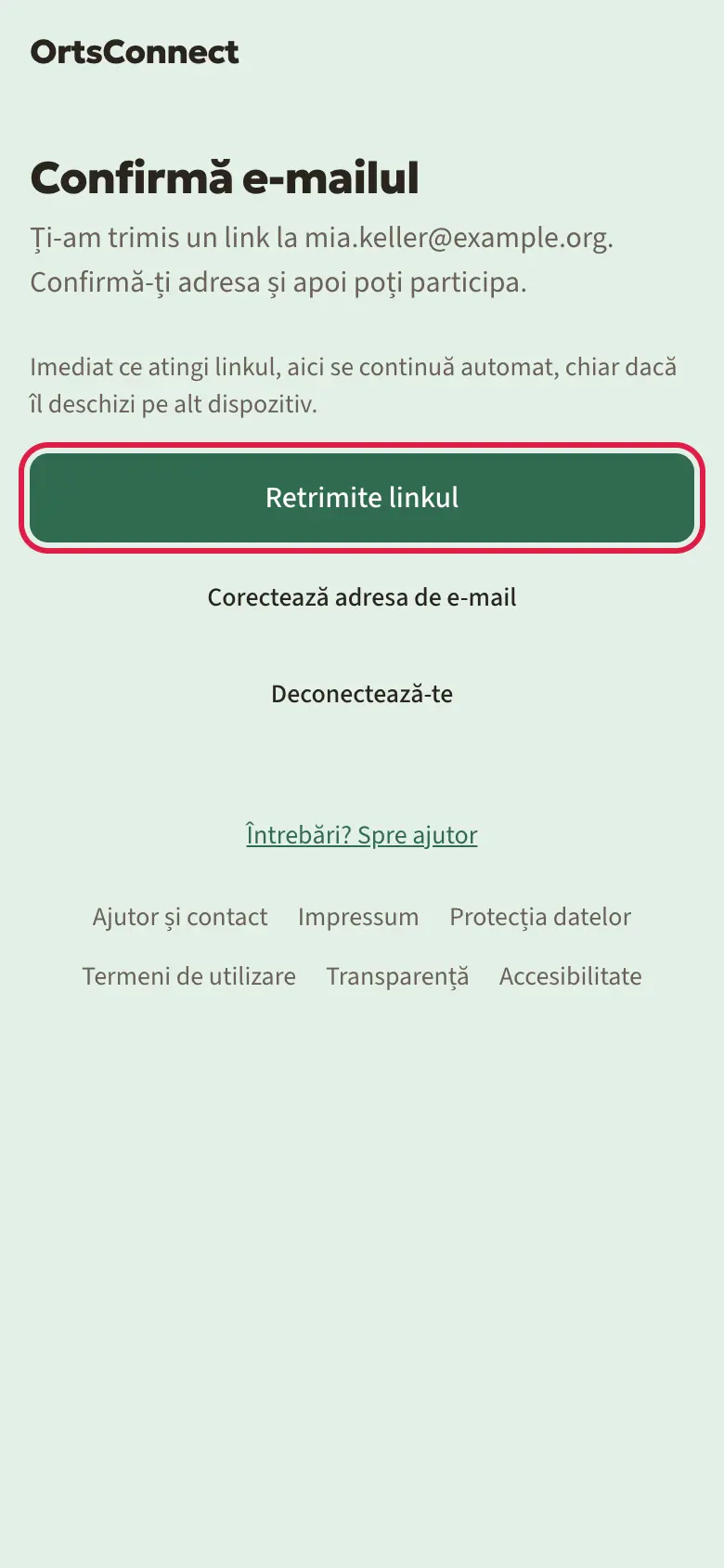 Pagina „Confirmă e-mailul” cu textul despre e-mailul trimis, butonul „Retrimite linkul” marcat, dedesubt „Deconectează-te”
