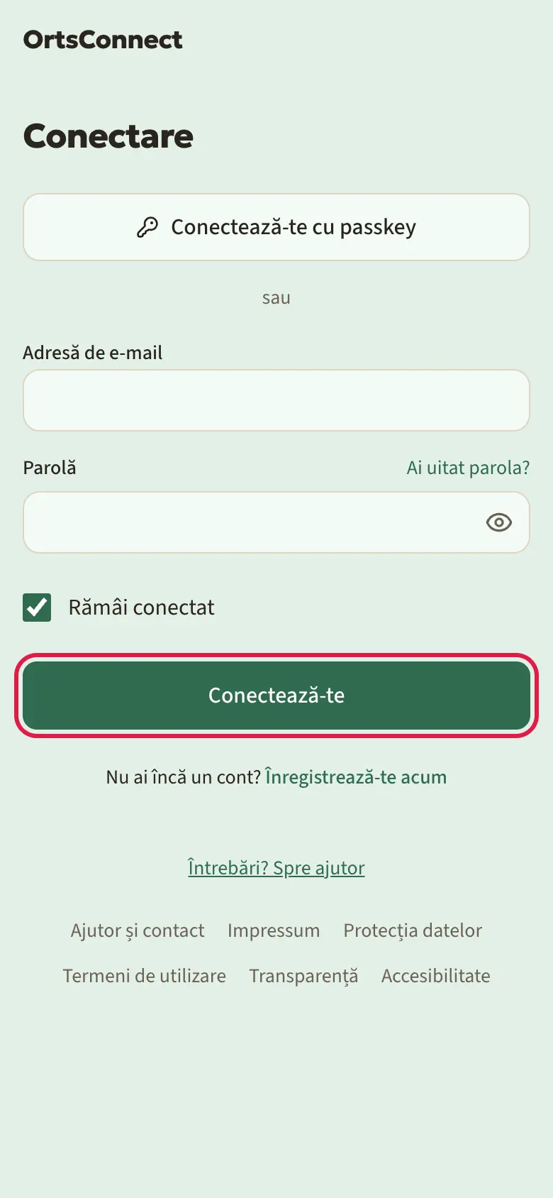 Pagina „Conectare” cu butonul „Conectează-te cu passkey” sus, dedesubt „sau” și câmpurile pentru adresa de e-mail și parolă, butonul „Conectează-te” marcat