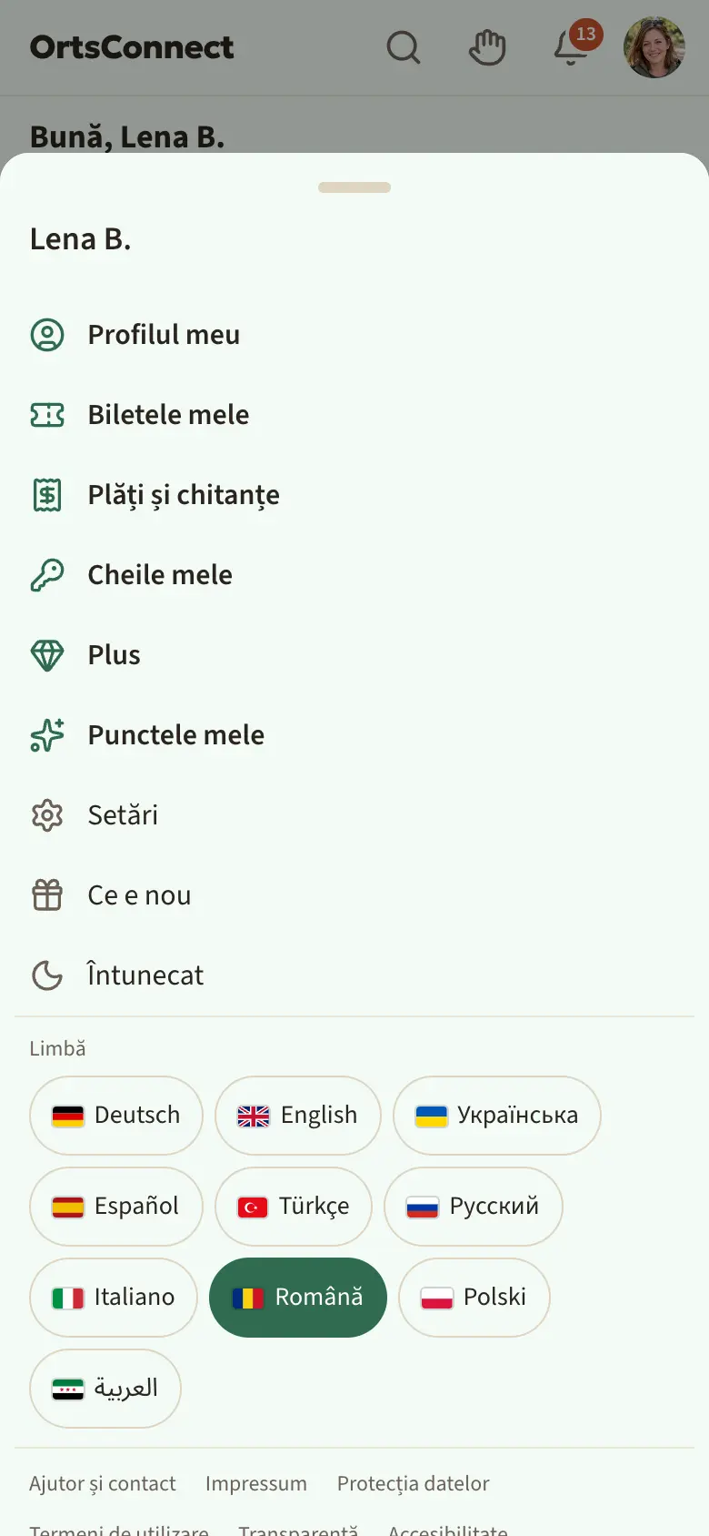 meniul avatarului deschis, cu numele sus, dedesubt Profilul meu, Biletele mele, Plăți și chitanțe, apoi Setări, Ce e nou, Întunecat, rândul cu textele juridice și Deconectează-te (roșu)