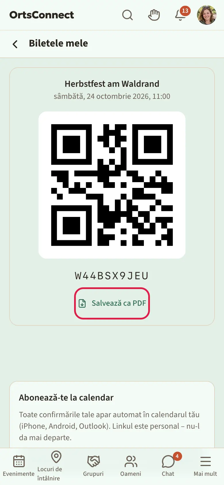 pagina „Biletele mele” cu un eveniment, un cod QR mare pe fond alb, dedesubt butonul „Salvează ca PDF” marcat