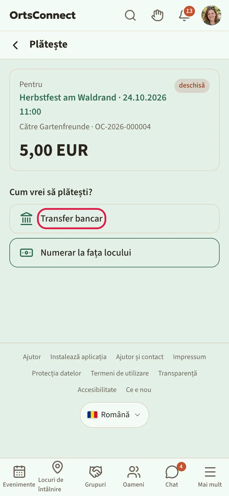 pagina „Plătește” cu „Cum vrei să plătești?” și cele trei câmpuri de selecție Numerar la fața locului, Transfer bancar, PayPal; „Transfer bancar” este marcat