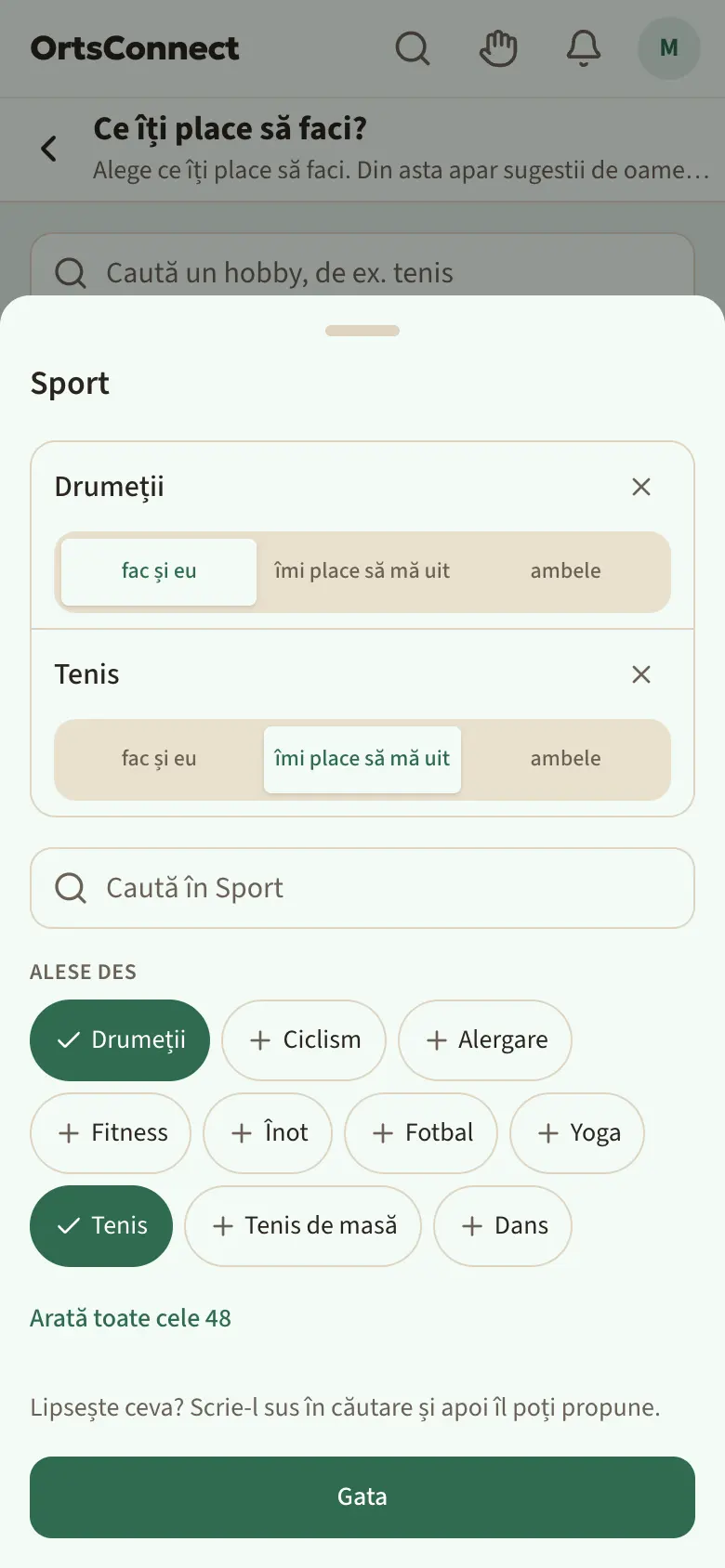 Pagina „Ce îți place să faci?” cu câmpurile domeniilor (Sport cu „Tenis · Drumeții” pe fundal verde, Muzică, Natură …), alături fereastra deschisă „Sport” cu Tenis și opțiunile „fac și eu | îmi place să mă uit | ambele”, dedesubt „Alese des”