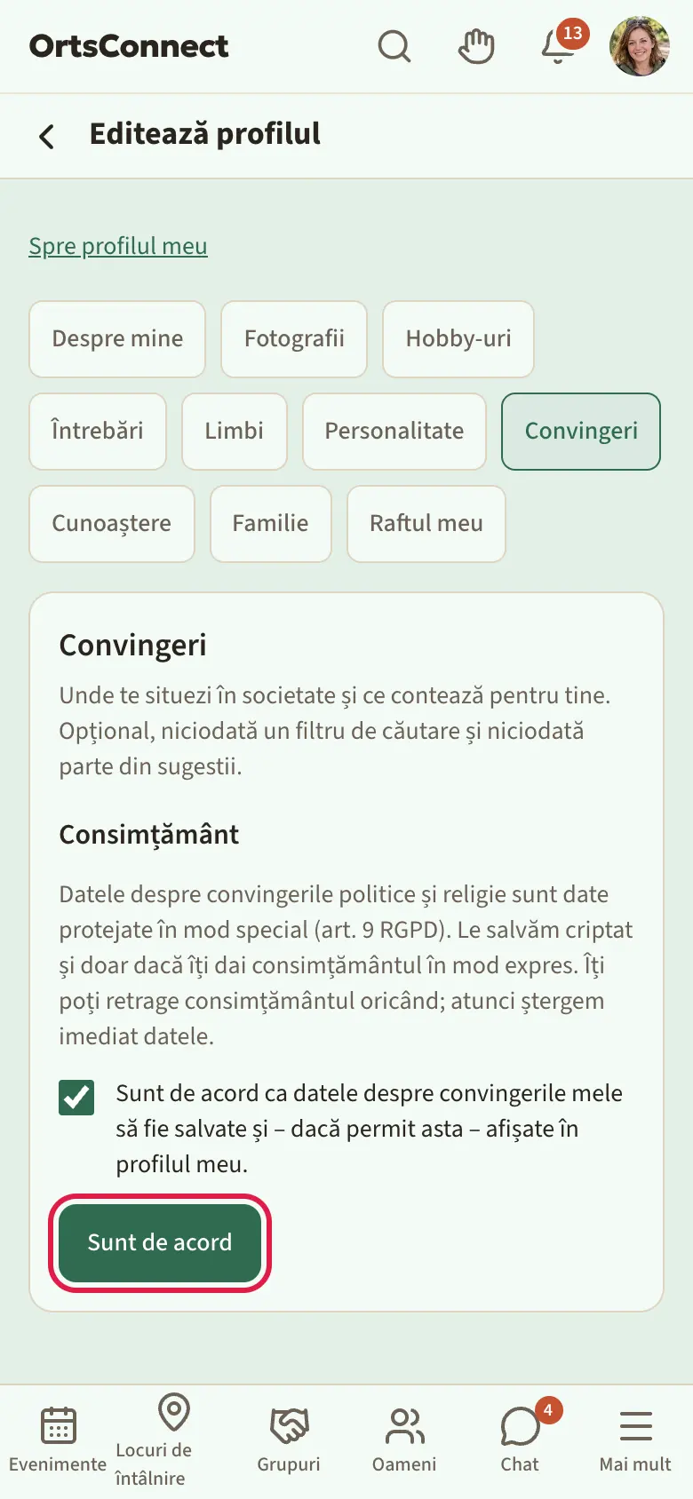 Fila „Convingeri” înainte de consimțământ: titlul „Consimțământ”, textul explicativ despre art. 9 RGPD, bifa pusă „Sunt de acord …” și butonul „Sunt de acord” marcat