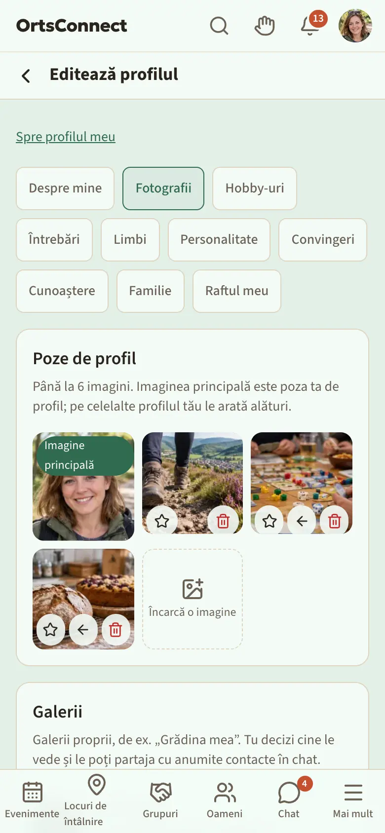 Profilul meu › Editează profilul › fila „Fotografii” pe telefon: secțiunea „Poze de profil” cu imaginea principală (eticheta „Imagine principală”) și încă trei imagini, jos pe fiecare stea, săgeată (în afară de prima) și coș de gunoi; steaua de pe a doua imagine marcată; alături câmpul „Încarcă o imagine”