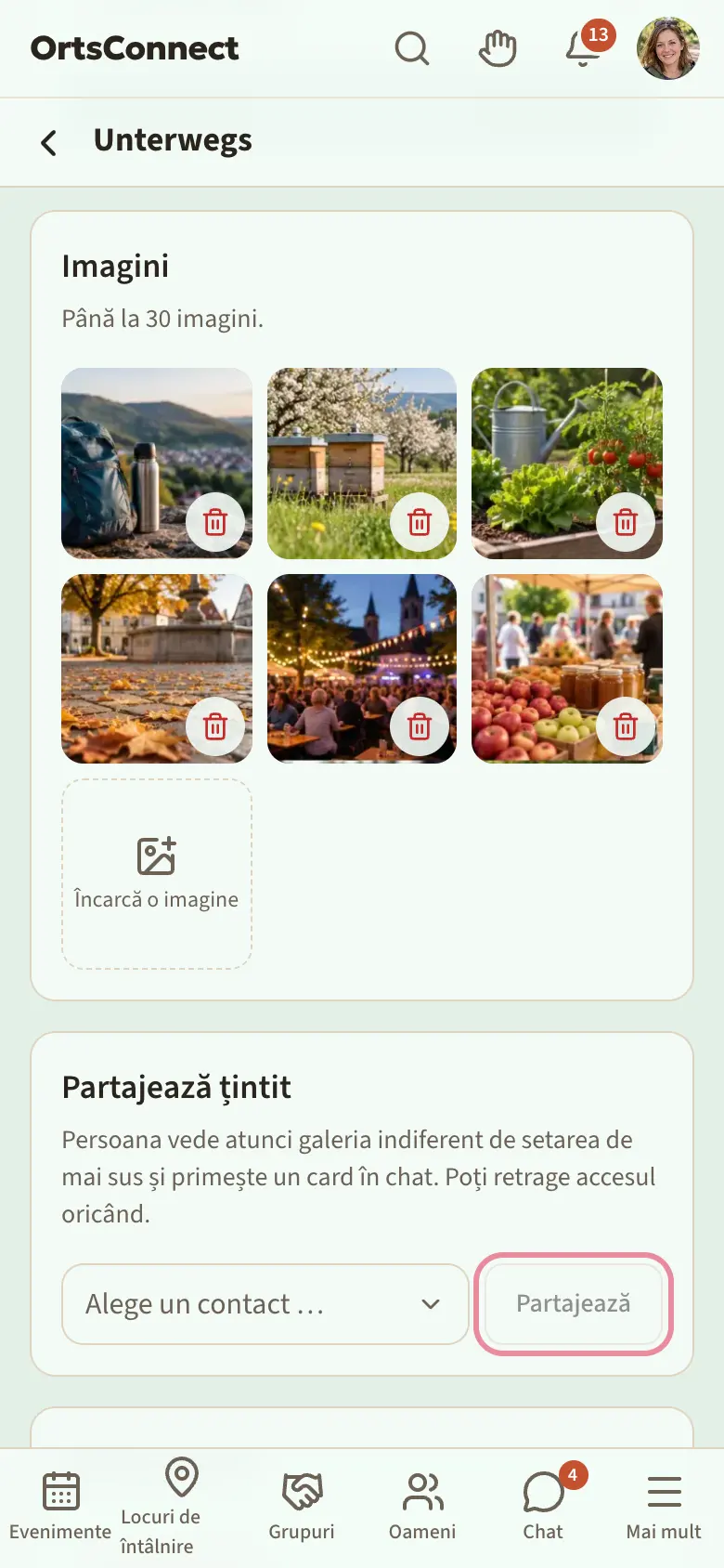Pagina unei galerii proprii pe telefon, derulată până la „Imagini”: șase imagini cu coș de gunoi și câmpul „Încarcă o imagine”, dedesubt „Partajează țintit” cu „Alege un contact …” și butonul „Partajează” marcat