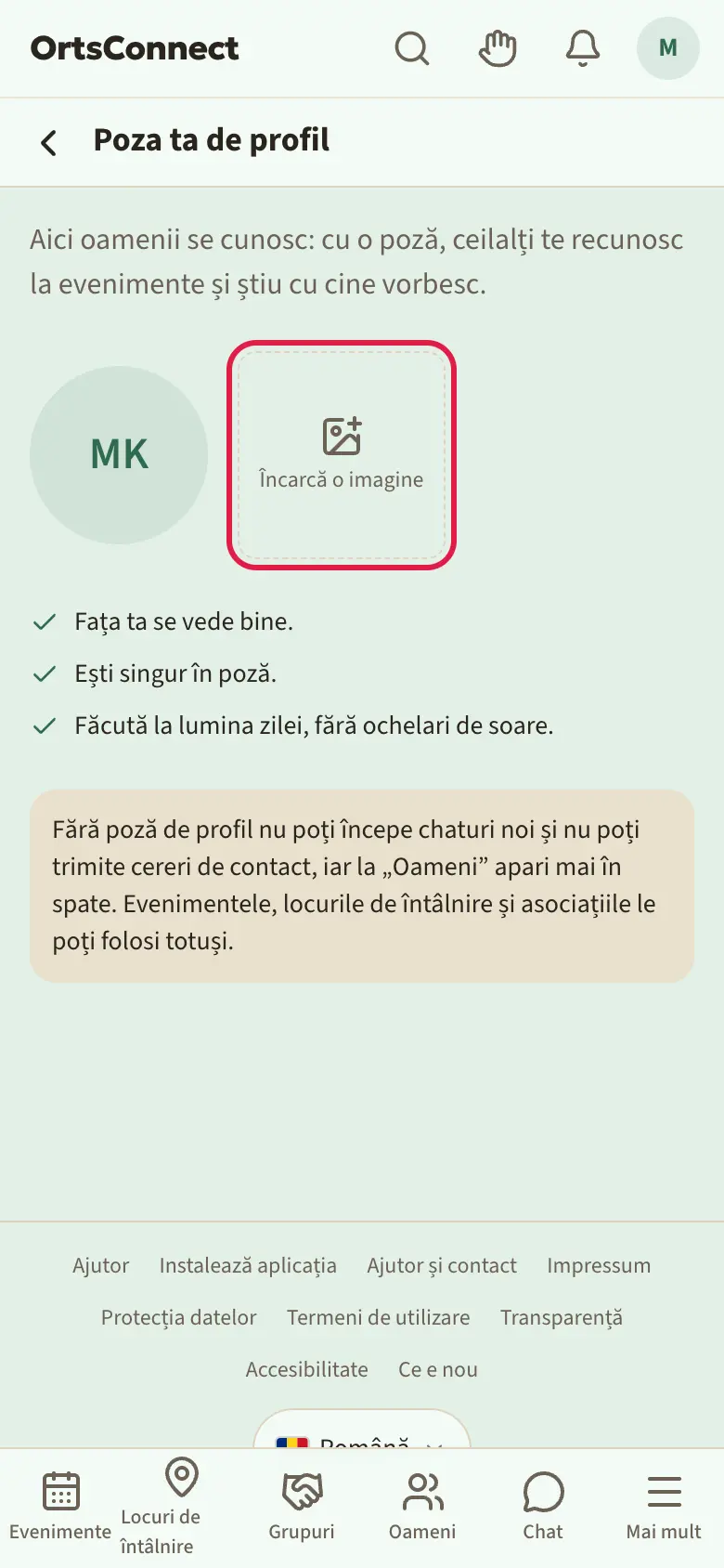 Pagina „Poza ta de profil” cu imagine goală, câmpul „Încarcă o imagine” marcat, dedesubt cele trei sfaturi și mențiunea despre ce nu merge fără poză