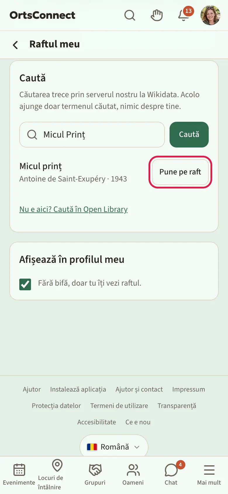 Raftul meu pe telefon: sus categoriile Cărți, Filme și seriale, Jocuri de societate, Muzică; dedesubt cardul cu intrările proprii și ce s-a ales la ele; dedesubt căutarea cu rezultate și butonul „Pune pe raft” marcat