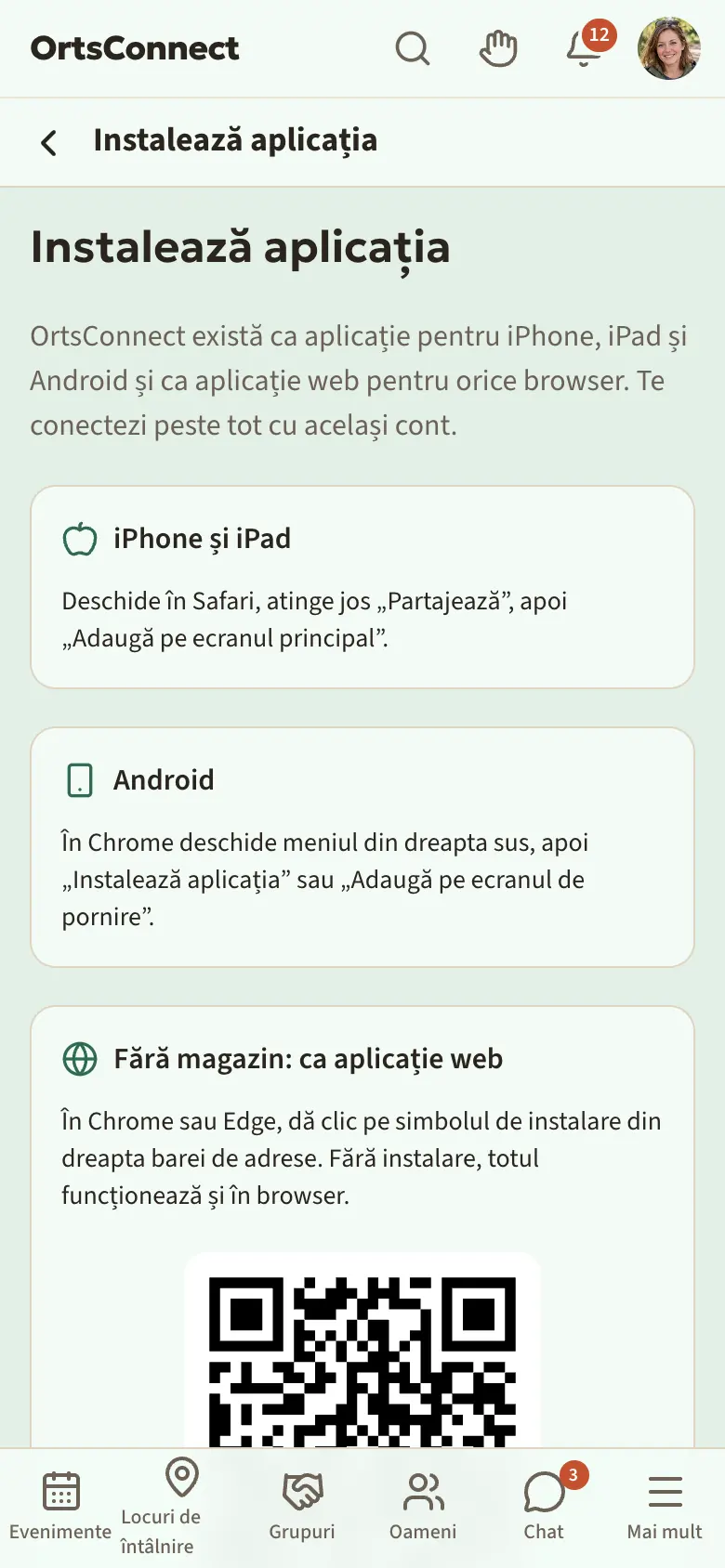 Pagina „Instalează aplicația” (/de/app-installieren) pe telefon: sus textul de introducere, dedesubt „Pentru dispozitivul tău” cu butoanele de magazin sau instrucțiunile, dedesubt „Fără magazin: ca aplicație web”