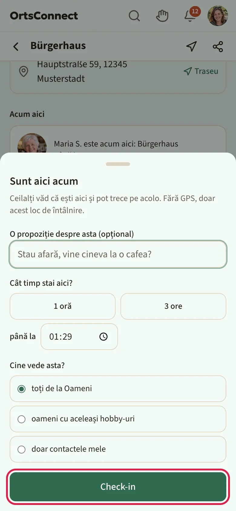 Pagina unui loc de întâlnire (de ex. o cafenea) pe telefon, cu fereastra „Sunt aici acum” deschisă: opțiunile „1 oră” / „3 ore” și ora, câmpul „O propoziție despre asta (opțional)”, „Cine vede asta?” și butonul „Check-in” marcat