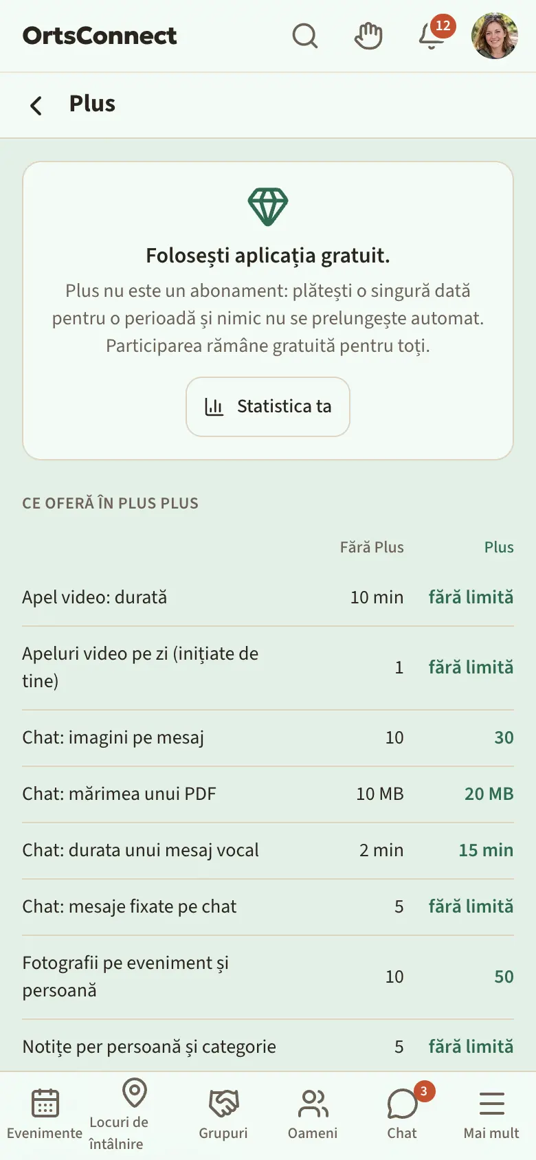 Pagina „Plus” în browser pe telefon: sus „Folosești aplicația gratuit.” și propoziția „Plus nu este un abonament …”, dedesubt tabelul „Ce oferă în plus Plus” cu coloanele „Fără Plus” și „Plus”, dedesubt „Ia Plus” cu perioadele 1 lună și 12 luni și „Mai departe la plată”