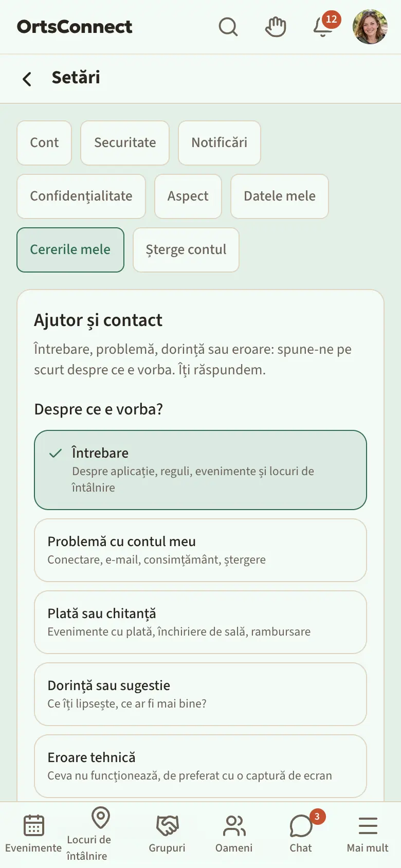 Pagina „Ajutor și contact” (/de/kontakt) pe telefon, conectat: „Despre ce e vorba?” cu cele șase subiecte (Întrebare selectat), câmpul „Mesajul tău” și butonul „Trimite” marcat