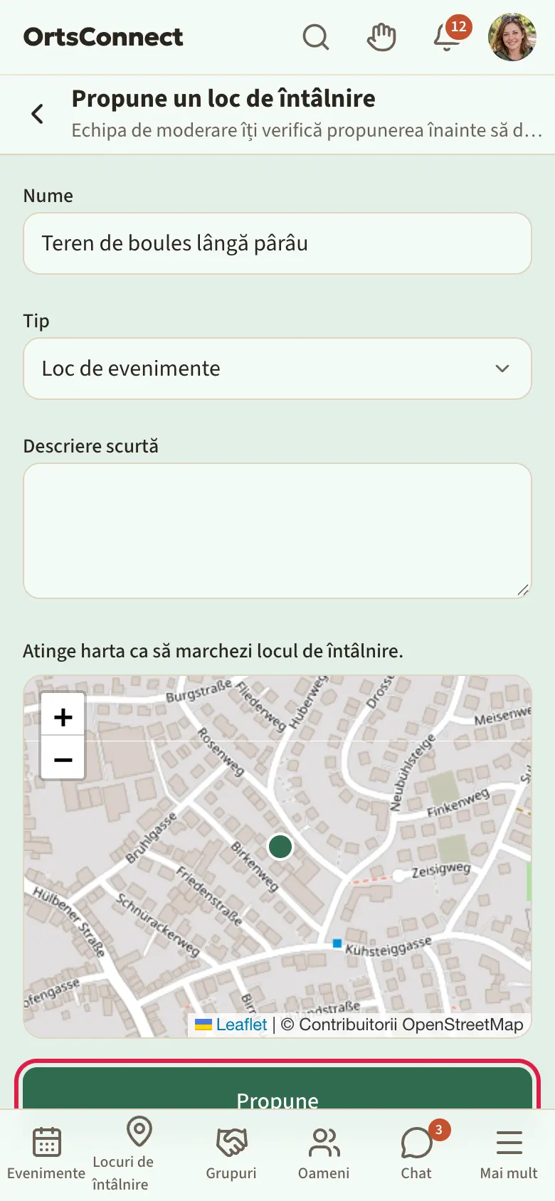 Pagina „Propune un loc de întâlnire” completată, hartă cu marcaj pus, câmpul „Pentru organizația” și butonul „Propune” marcate