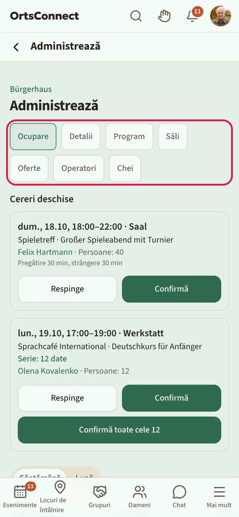 Administrarea unui loc de întâlnire, filele „Ocupare · Detalii · Program · Săli · Oferte · Operatori” marcate