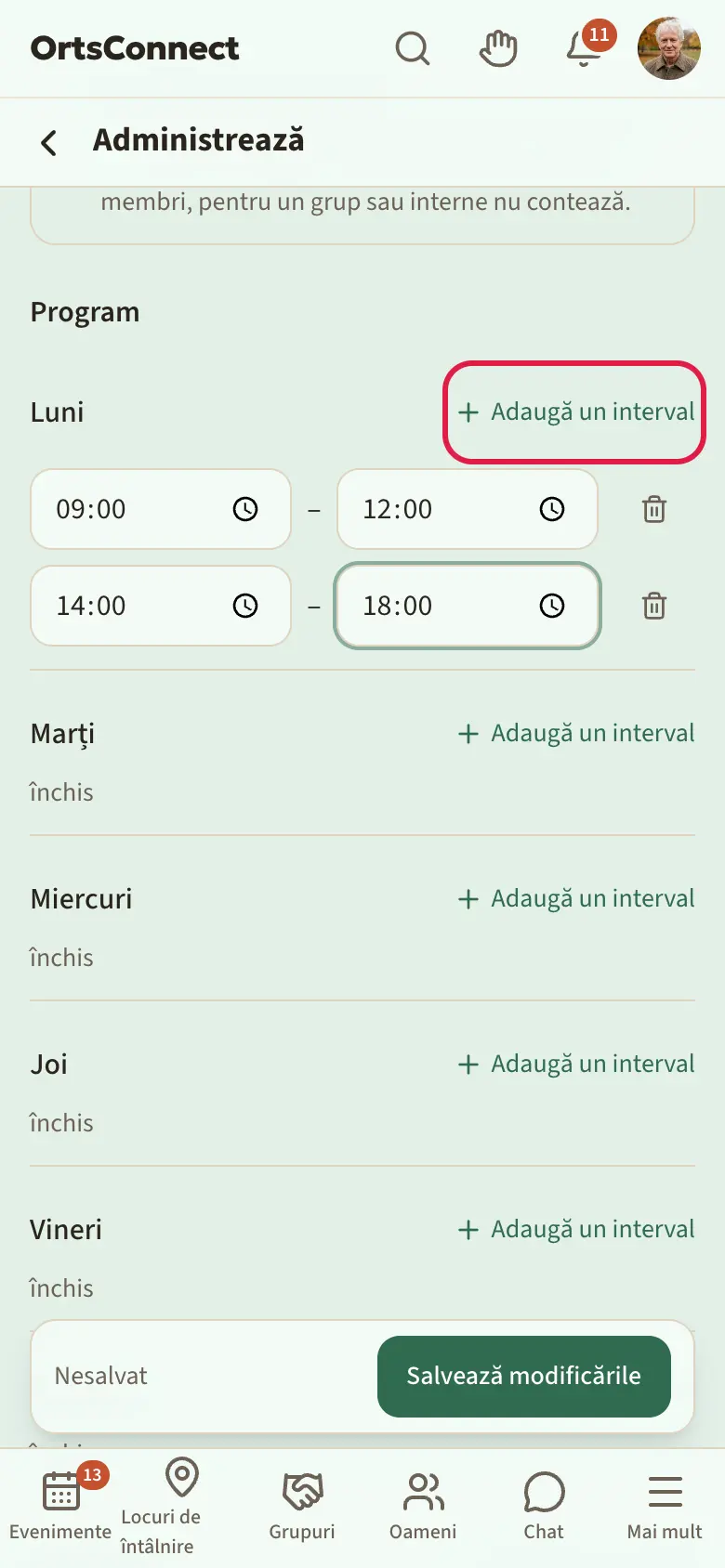Administrare › Program, luni cu două intervale (dimineața și după-amiaza), duminică „închis”, butonul „Adaugă un interval” marcat