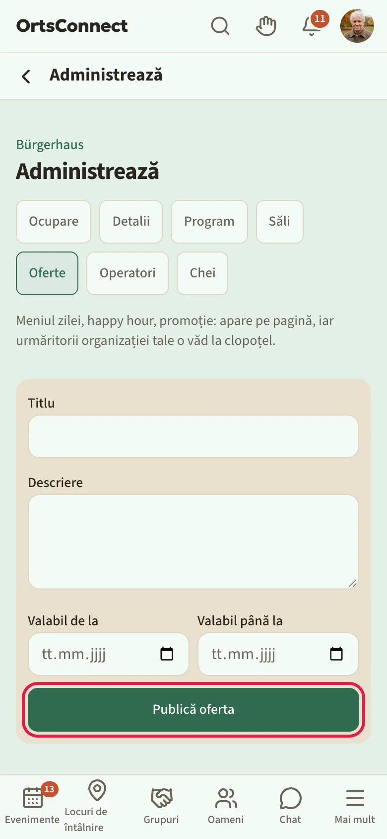 Administrare › Oferte, sus o ofertă existentă cu perioadă și simbolul coș de gunoi, dedesubt formularul completat cu butonul „Publică oferta”