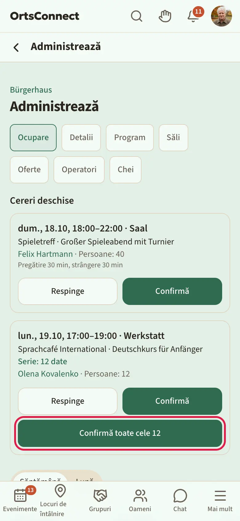 Administrare › Ocupare, cerere cu mențiunea „Serie: 12 date” și butonul lat „Confirmă toate cele 12” marcat