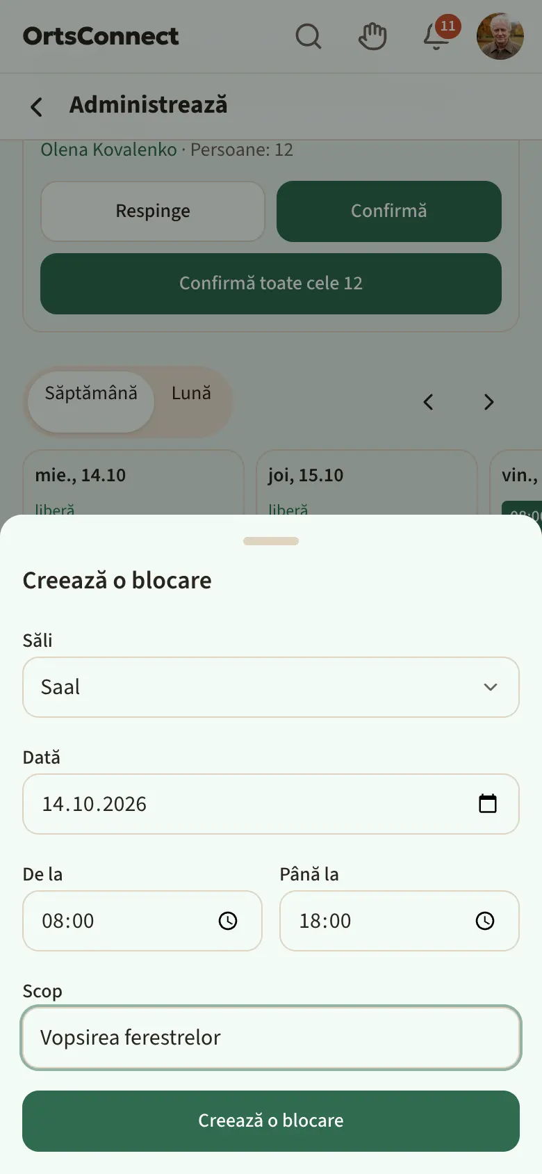 fereastra deschisă „Creează o blocare” cu sala, data, de la, până la și scopul completate