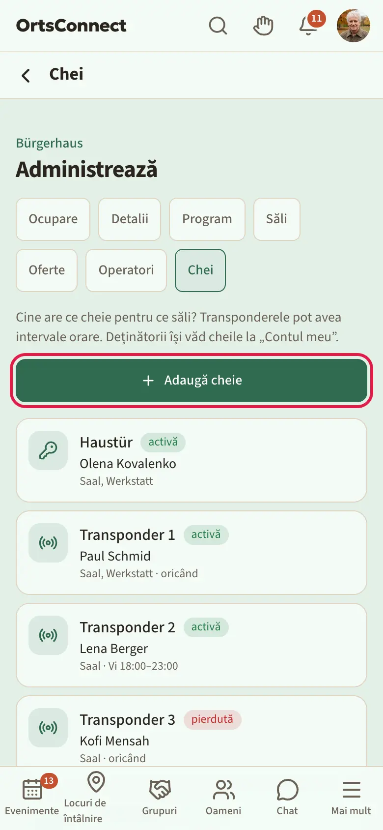 Administrare › Chei: fila „Chei” activă, listă cu transpondere și o cheie (deținător, săli, „oricând” sau intervale orare, starea „activă” și „pierdută”, una „neînmânată”), butonul „Adaugă cheie” marcat
