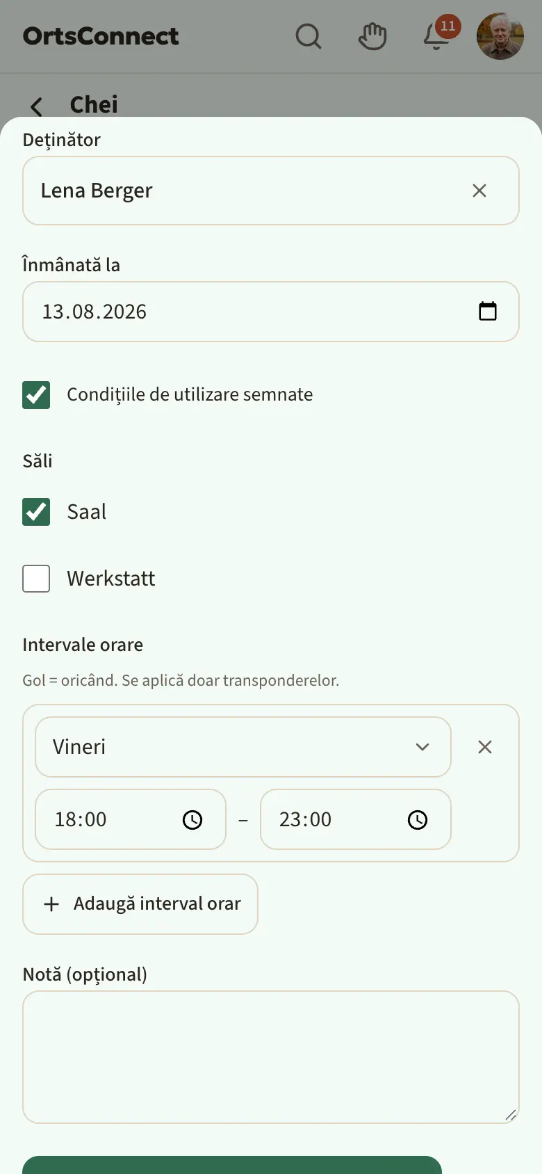 Fereastra „Editează cheia” pentru „Transponder 2”, derulată până la săli: deținătoare, înmânată la, săli (Sala bifată) și interval orar vineri 18:00–23:00