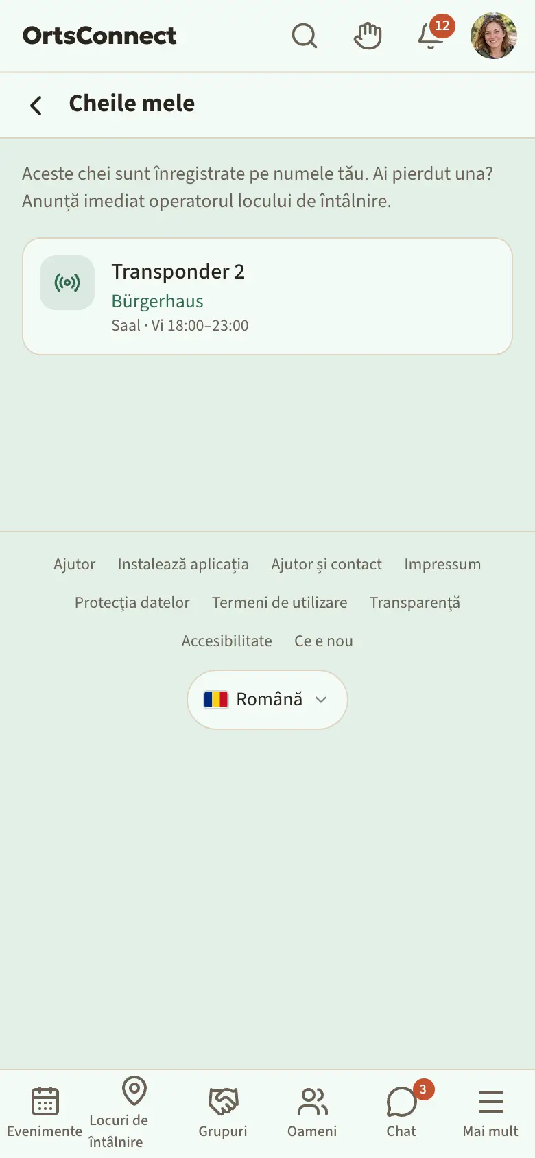 Pagina „Cheile mele” (meniul avatarului): „Transponder 2” în Bürgerhaus, Sala, vi 18:00–23:00