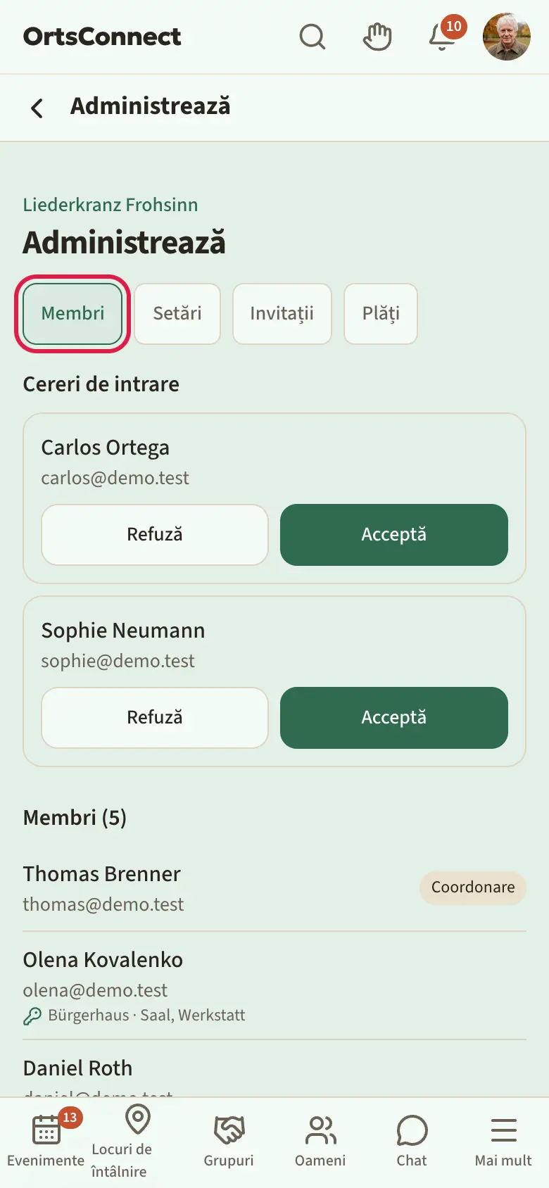 Pagina de administrare a unei organizații cu filele „Membri”, „Setări”, „Invitații”, „Plăți”; „Membri” activă