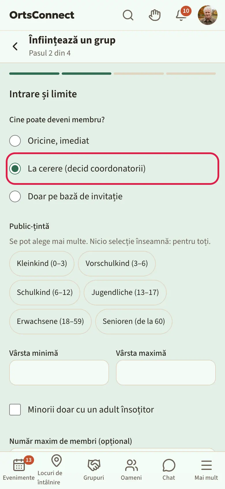Asistentul, pasul 2 „Intrare și limite” cu cele trei variante la „Cine poate deveni membru?”, „La cerere (decid coordonatorii)” marcat