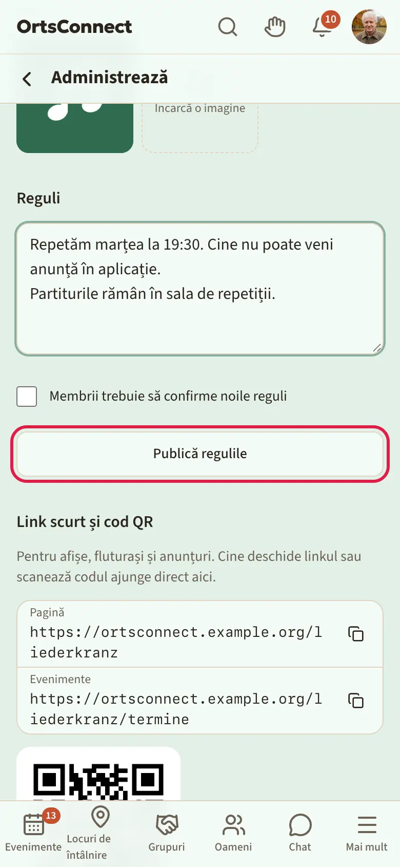 Setări, secțiunea „Reguli” cu numărul versiunii, câmpul de text, bifa „Membrii trebuie să confirme noile reguli” și butonul „Publică regulile”