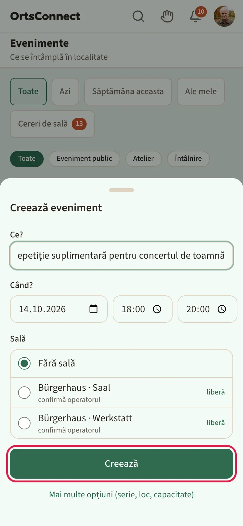 Lista de evenimente cu fereastra deschisă „Creează eveniment”: câmpurile „Ce?”, „Când?”, lista de săli cu stări; butonul „Creează” marcat