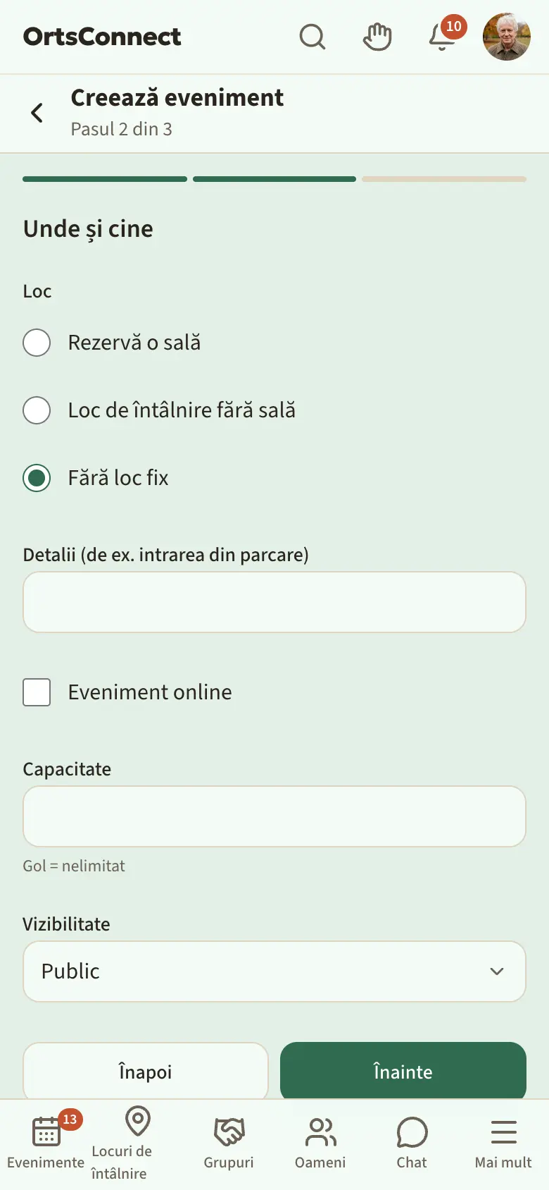 Asistentul „Creează eveniment”, pasul 2 „Unde și cine” cu alegerea „Rezervă o sală” / „Loc de întâlnire fără sală” / „Fără loc fix”, capacitate și vizibilitate
